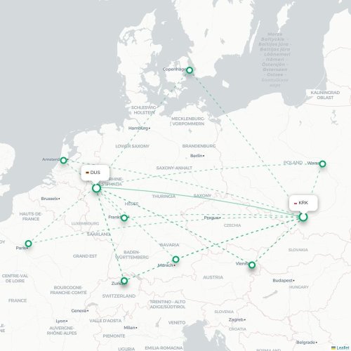 Mapa de vuelo directo Cracovia - Düsseldorf
