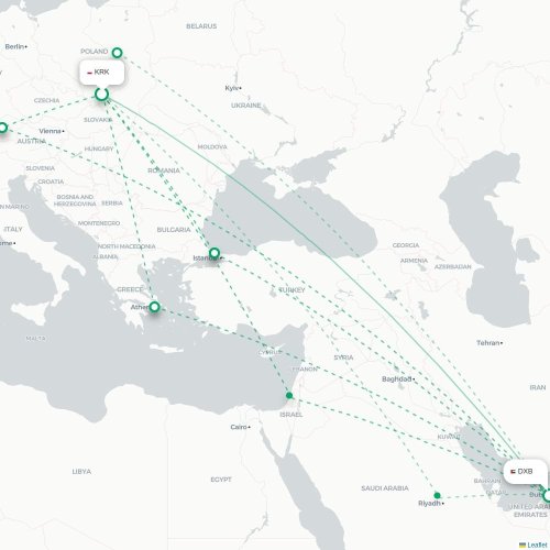 Mapa lotu bezpośredniego Kraków – Dubaj