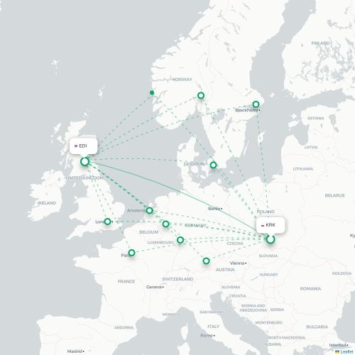 Mapa de vuelo directo Cracovia - Edimburgo