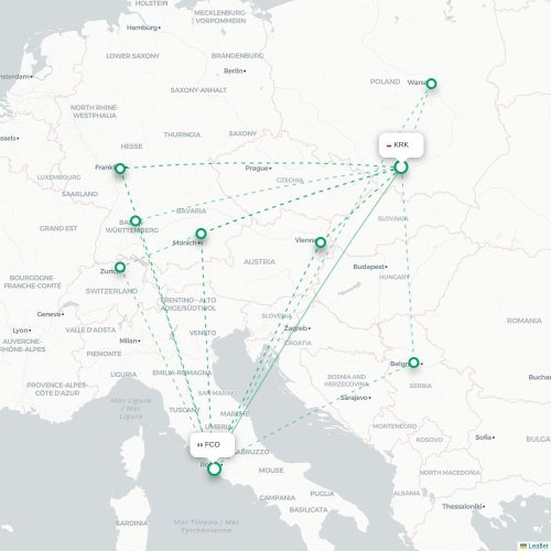 Mapa lotu bezpośredniego Kraków – Rzym
