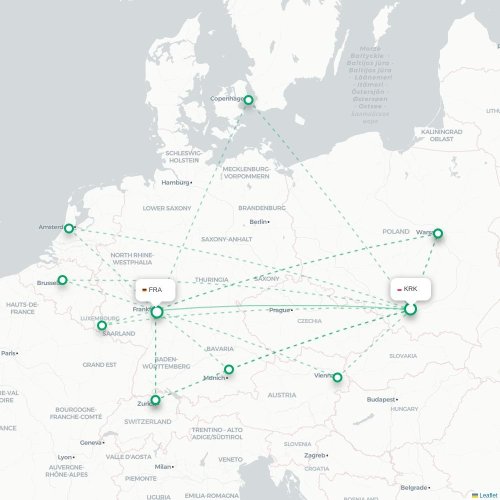Mapa de vuelo directo Cracovia - Fráncfort