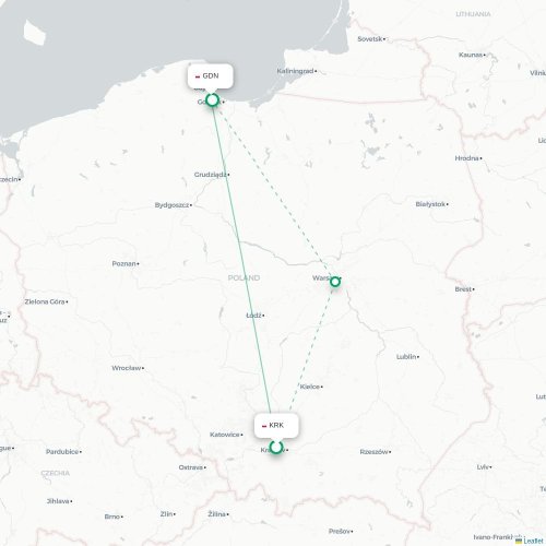 Mapa de vuelo directo Cracovia - Gdansk