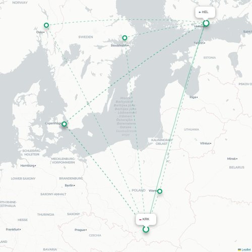 Krakow - Helsingfors karta över direktflyg