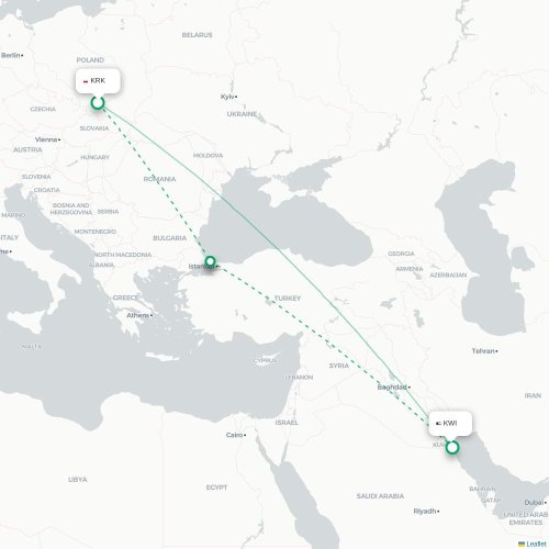 Mapa lotu bezpośredniego Kraków – Kuwejt