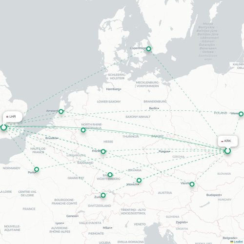 Mapa de vuelo directo Cracovia - Londres