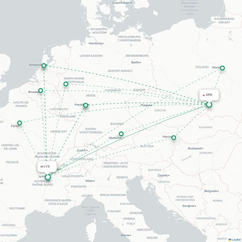 Cracovie - Lyon carte du vol direct
