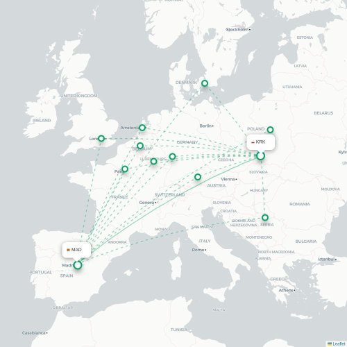 Mapa lotu bezpośredniego Kraków – Madryt