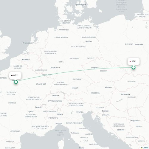 Cracovie - Paris carte du vol direct