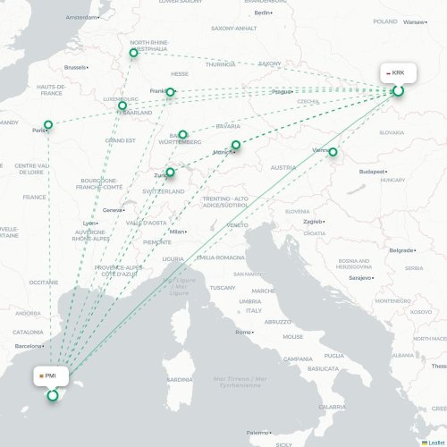 Mapa lotu bezpośredniego Kraków – Palma de Mallorca