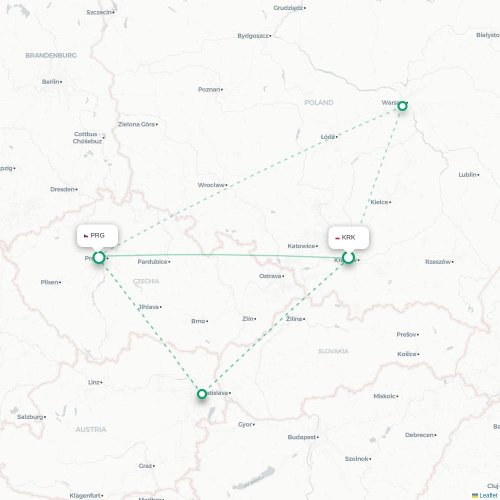 Mapa lotu bezpośredniego Kraków – Praga