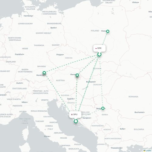 Mapa lotu bezpośredniego Kraków – Split