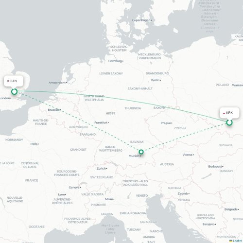 Mapa de vuelo directo Cracovia - Londres