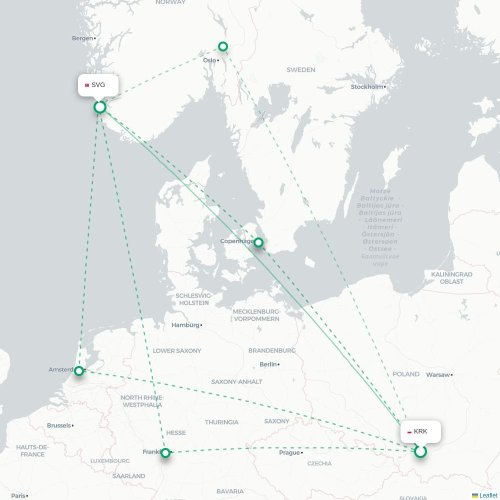Mapa de vuelo directo Cracovia - Stavanger
