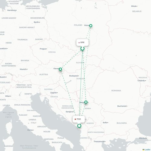 Mapa lotu bezpośredniego Kraków – Podgorica