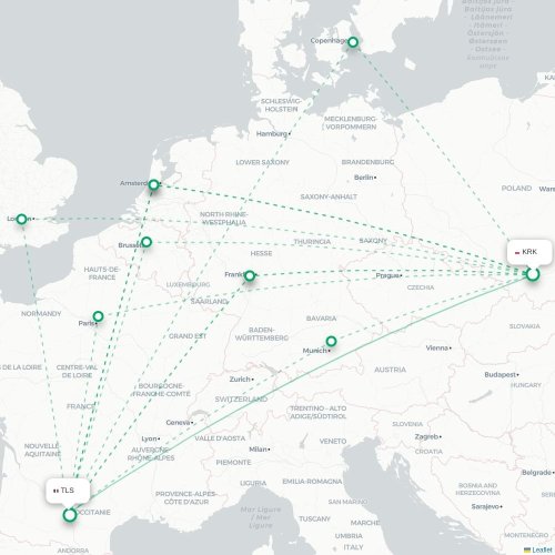 Cracovie - Toulouse carte du vol direct