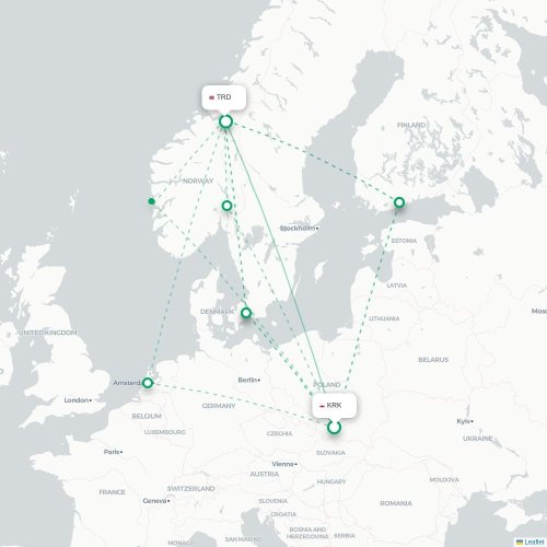 Mapa de vuelo directo Cracovia - Trondheim