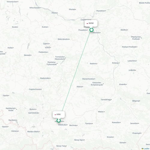 Mapa de vuelo directo Cracovia - Varsovia