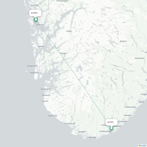 Mapa de vuelo directo Kristiansand - Bergen