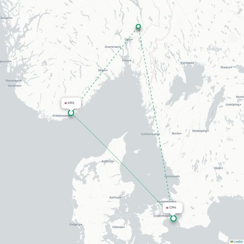 Mapa de vuelo directo Kristiansand - Copenhague