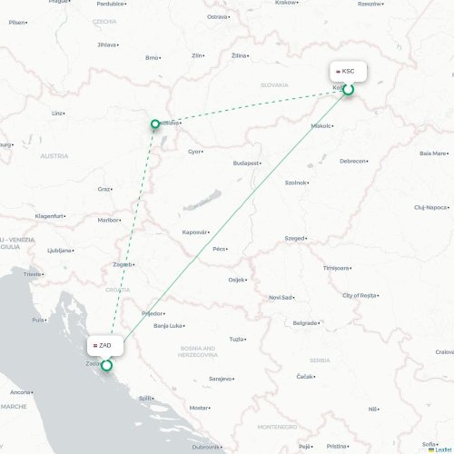 Mapa de vuelo directo Košice - Zadar