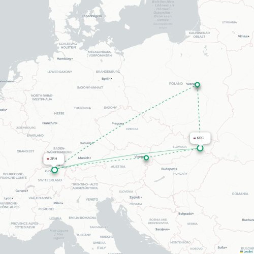 Košice - Zürich kort over direkte fly