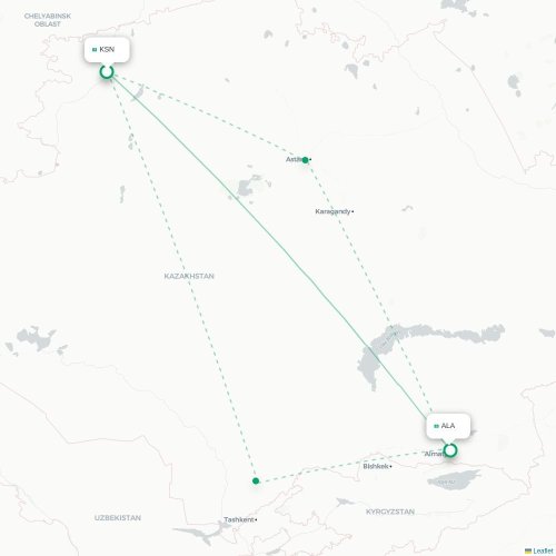 Mapa de vuelo directo Kostanái - Almatý