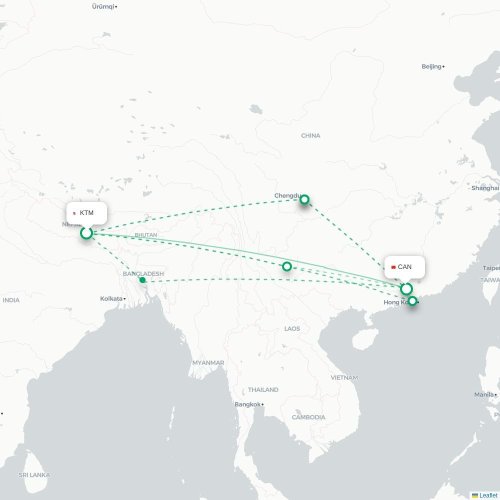 Mapa lotu bezpośredniego Katmandu – Kanton