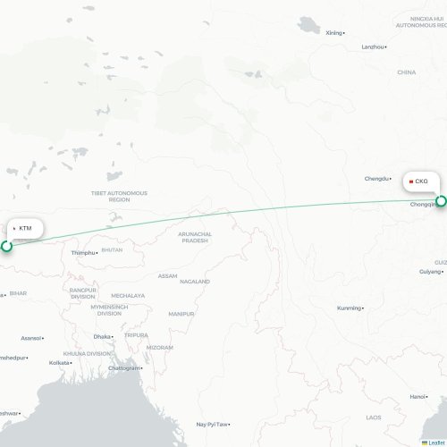 Mapa lotu bezpośredniego Katmandu – Chongqing