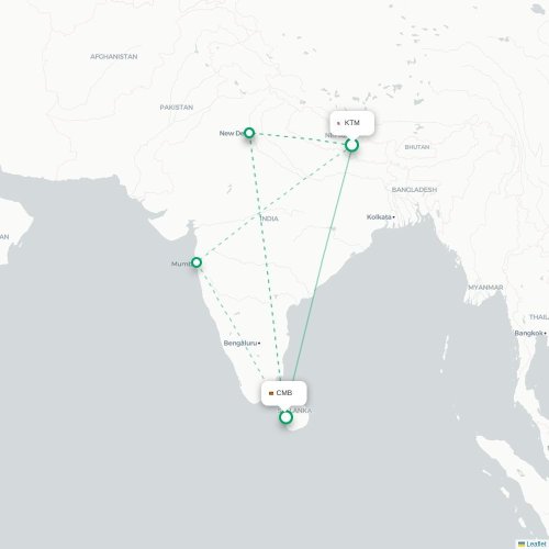 Mapa lotu bezpośredniego Katmandu – Kolombo