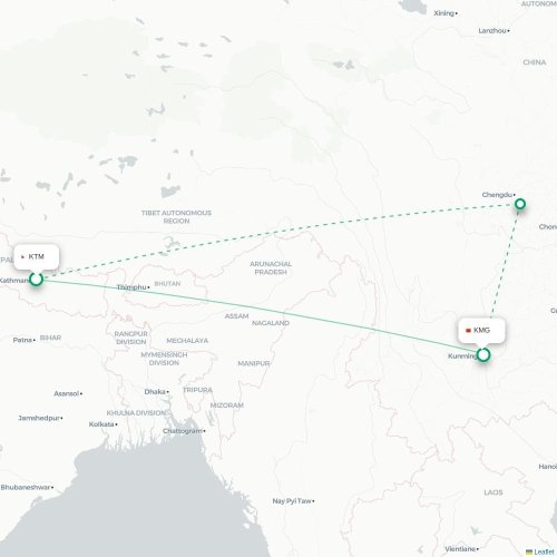 Mapa lotu bezpośredniego Katmandu – Kunming