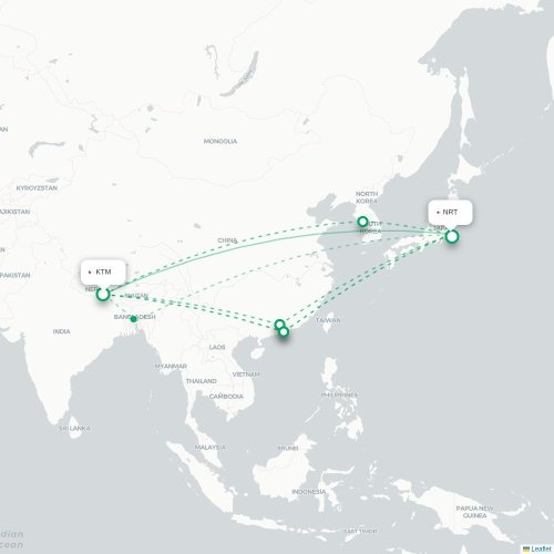 Mapa lotu bezpośredniego Katmandu – Tokio