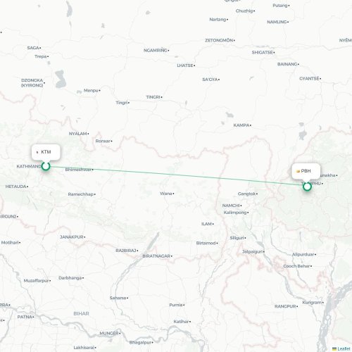 Mapa de vuelo directo Katmandú - Paro