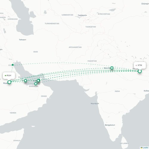 Mapa lotu bezpośredniego Katmandu – Rijad