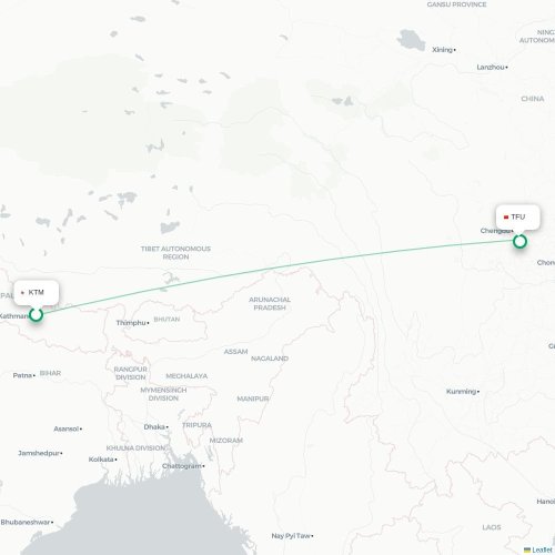 Mapa lotu bezpośredniego Katmandu – Chengdu