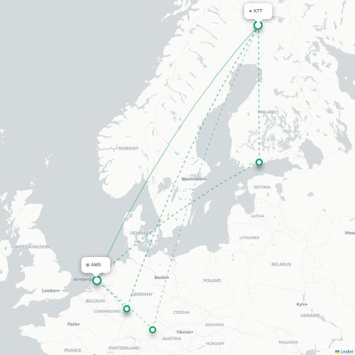 Mapa lotu bezpośredniego Kittilä – Amsterdam