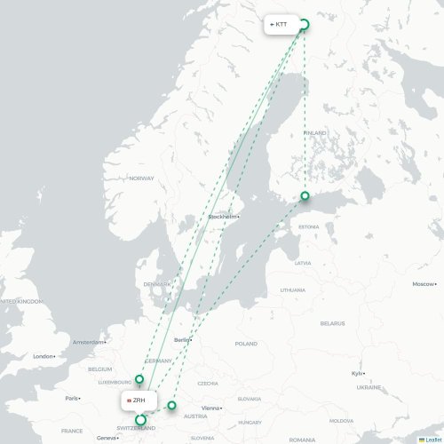 Mapa de vuelo directo Kittilä - Zúrich