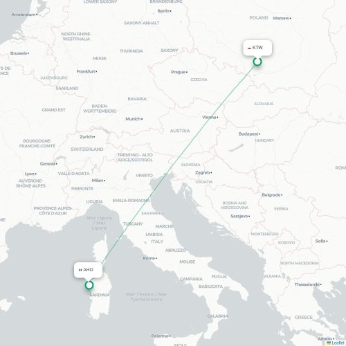 Mapa lotu bezpośredniego Katowice – Alghero
