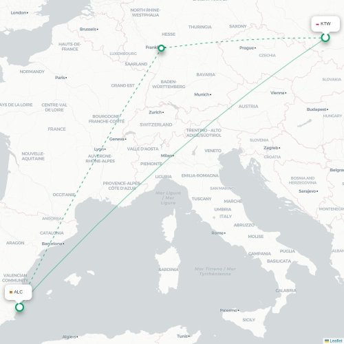 Mapa lotu bezpośredniego Katowice – Alicante