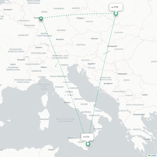Mapa lotu bezpośredniego Katowice – Katania
