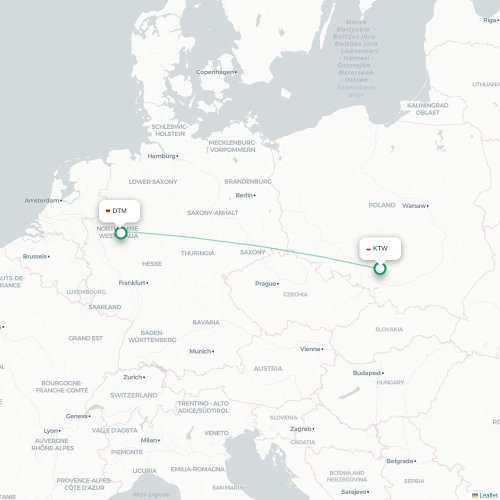 Mapa de vuelo directo Katowice - Dortmund