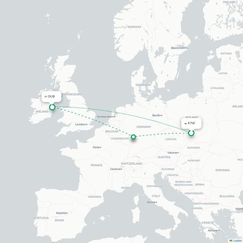 Mapa de vuelo directo Katowice - Dublín