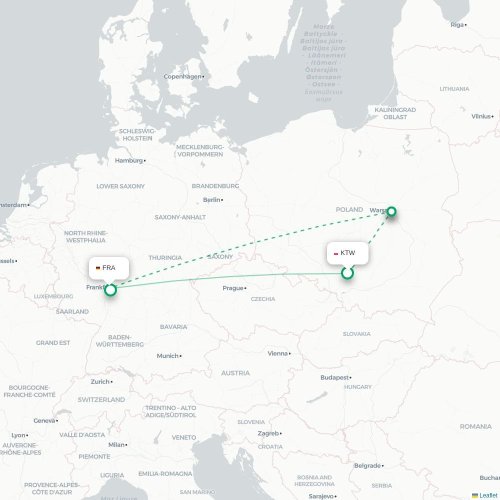 Mapa de vuelo directo Katowice - Fráncfort