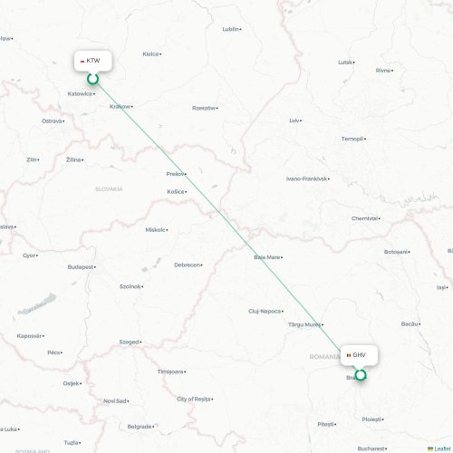 Katowice – Braşov suoran lennon kartta