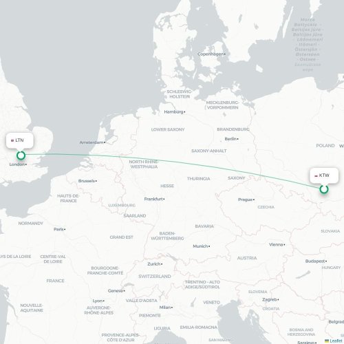 Mapa de vuelo directo Katowice - Londres