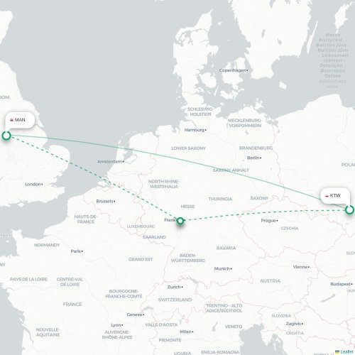 Mapa de vuelo directo Katowice - Mánchester