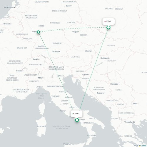 Mapa lotu bezpośredniego Katowice – Neapol