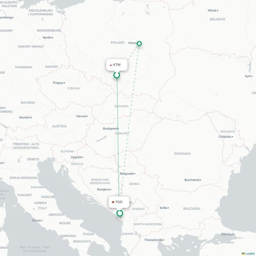 Mapa lotu bezpośredniego Katowice – Podgorica
