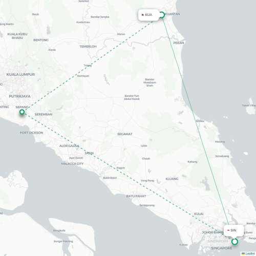 Mapa lotu bezpośredniego Kuantan – Singapur