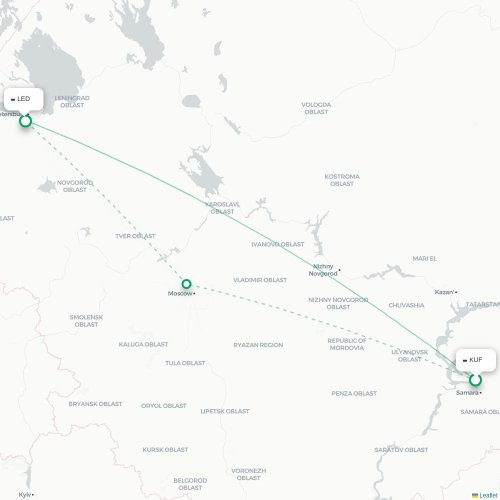 Mapa de vuelo directo Samara - San Petersburgo