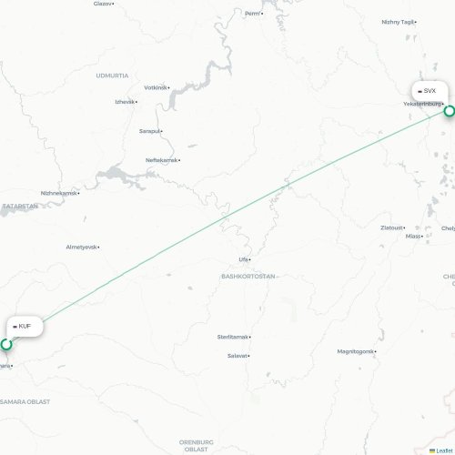 Mapa de vuelo directo Samara - Ekaterinburgo